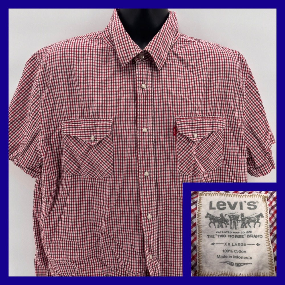 Levi's Mens XXL Western Pearl Snap Shirt Short Sleeve‎ Red Plaid 100% Cotton